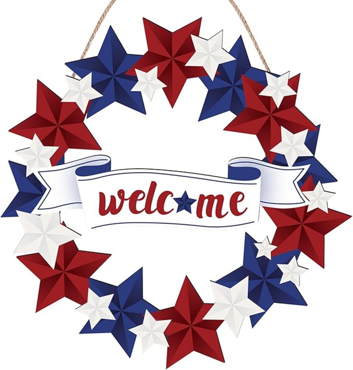 4th of July Patriotic Door Wreath - Independence Day Wooden White Red Blue Star Sign - Welcome Hanging Wreath for Front Door Memorial Day Decorations Party Supplies